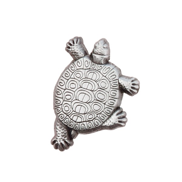 A silver 3D die-struck lapel pin badge of a turtle with an intricate pattern on its back. The turtle is walking somewhere. Who knows where!